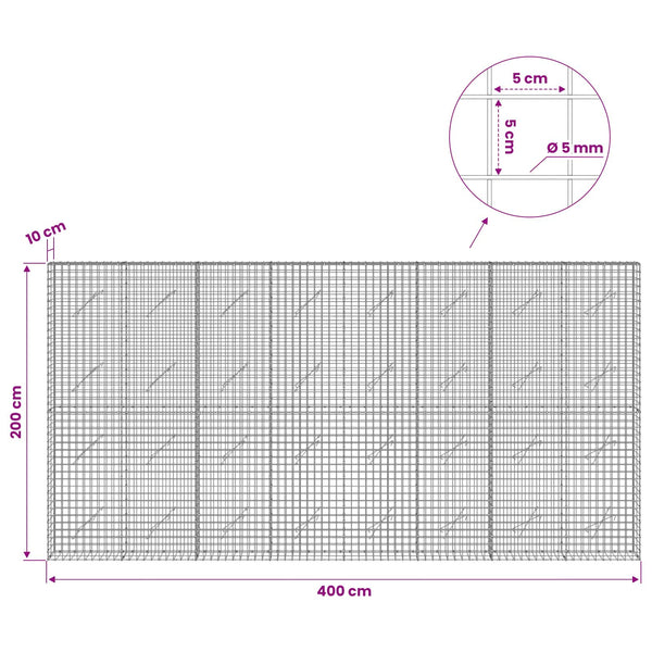 Gabion 5 mm langasta ja 5x5 cm verkosta 400x10x200 cm