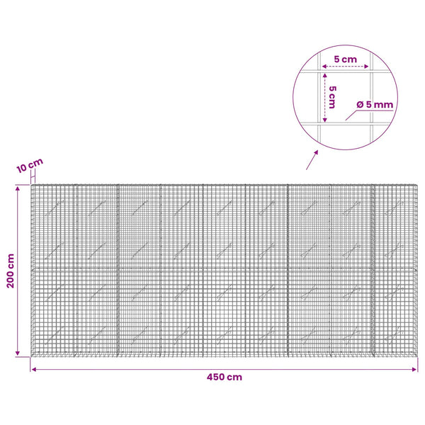 Gabion 5 mm langasta ja 5x5 cm verkosta 450x10x200 cm