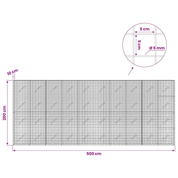 Gabion 5 mm langasta ja 5x5 cm verkosta 500x10x200 cm