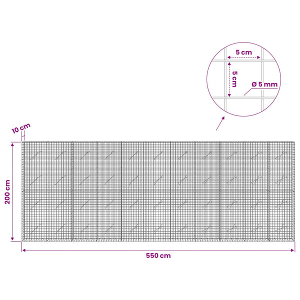 Gabion 5 mm langasta ja 5x5 cm verkosta 550x10x200 cm