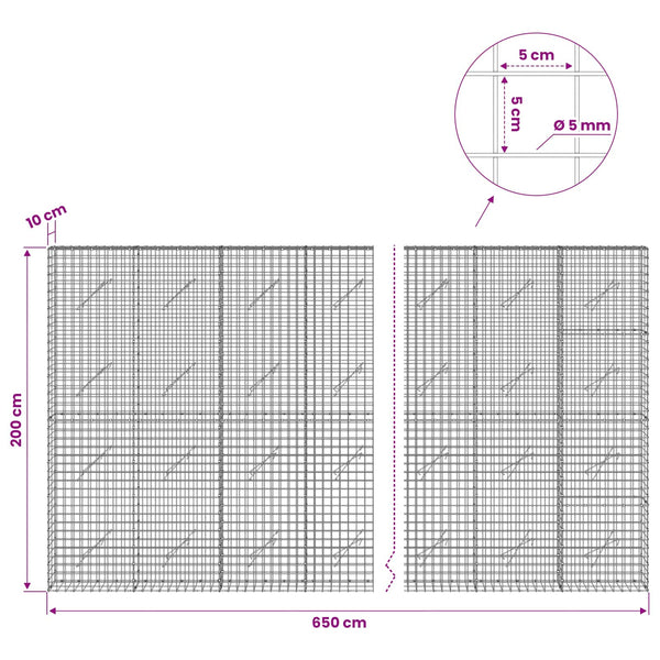 Gabion 5 mm langasta ja 5x5 cm verkosta 650x10x200 cm