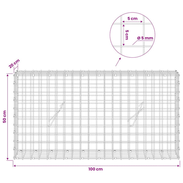 Gabion 5 mm langasta ja 5x5 cm verkosta 100x20x50 cm