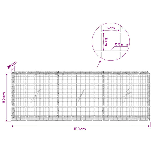 Gabion 5 mm langasta ja 5x5 cm verkosta 150x20x50 cm