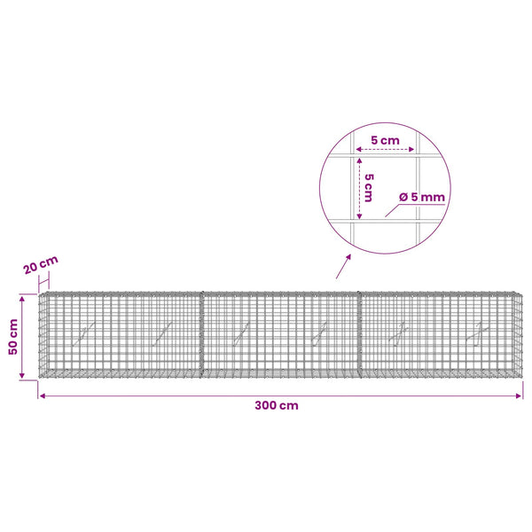 Gabion 5 mm langasta ja 5x5 cm verkosta 300x20x50 cm