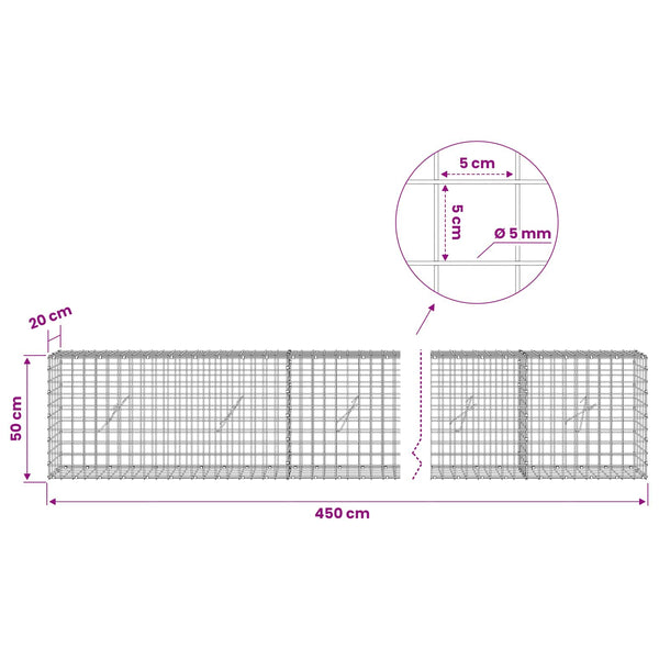 Gabion 5 mm langasta ja 5x5 cm verkosta 450x20x50 cm