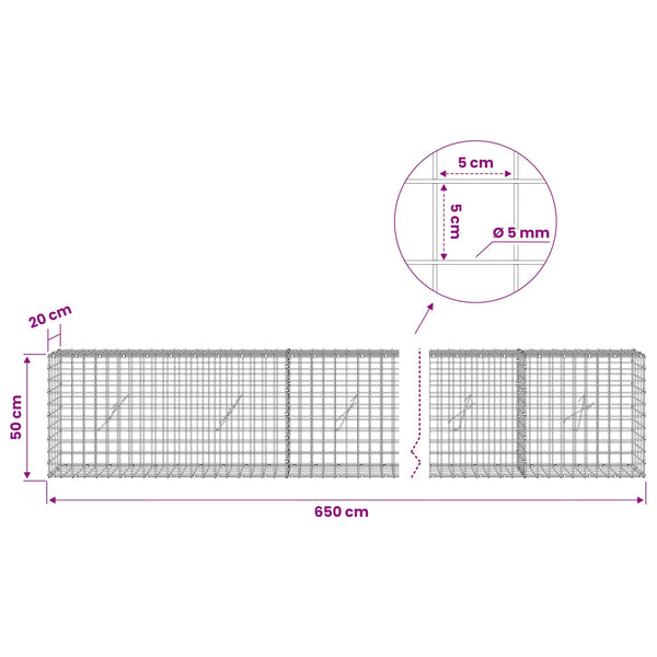 Gabion 5 mm langasta ja 5x5 cm verkosta 650x20x50 cm