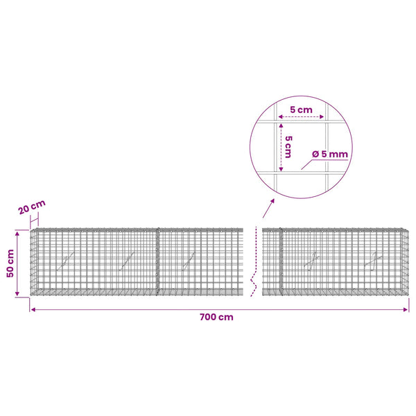 Gabion 5 mm langasta ja 5x5 cm verkosta 700x20x50 cm