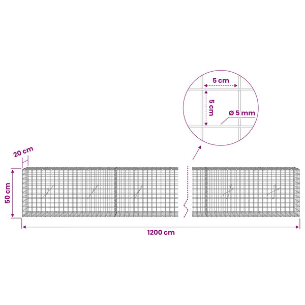 Gabion 5 mm langasta ja 5x5 cm verkosta 1200x20x50 cm