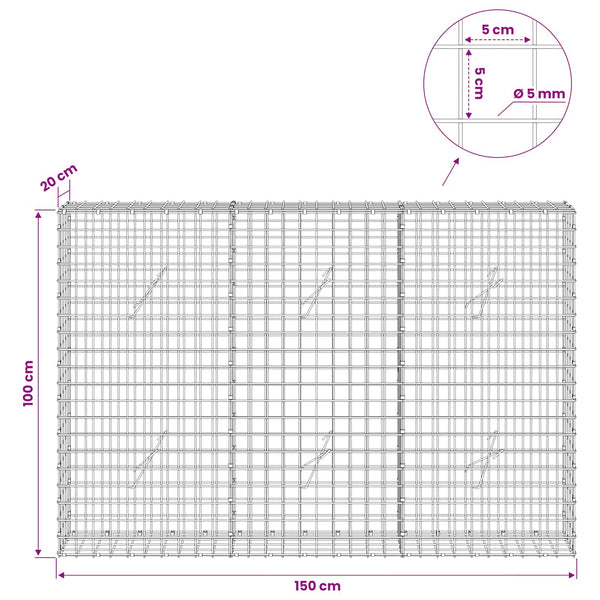 Gabion 5 mm langasta ja 5x5 cm verkosta 150x20x100 cm
