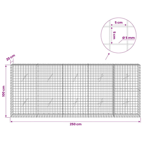 Gabion 5 mm langasta ja 5x5 cm verkosta 250x20x100 cm