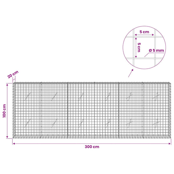 Gabion 5 mm langasta ja 5x5 cm verkosta 300x20x100 cm