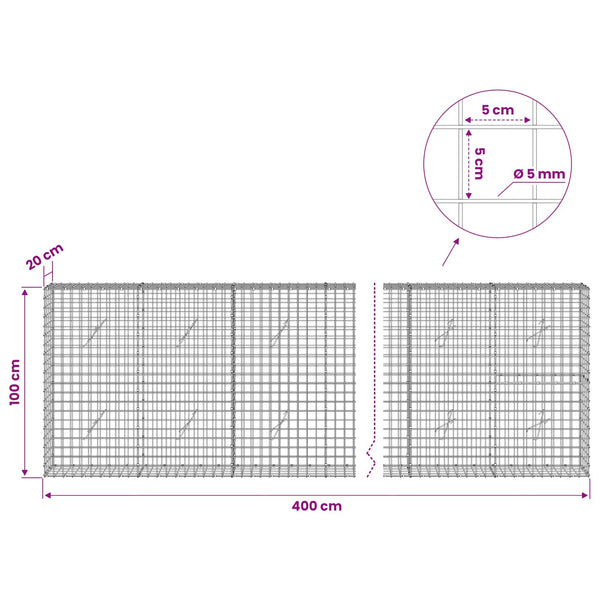 Gabion 5 mm langasta ja 5x5 cm verkosta 400x20x100 cm