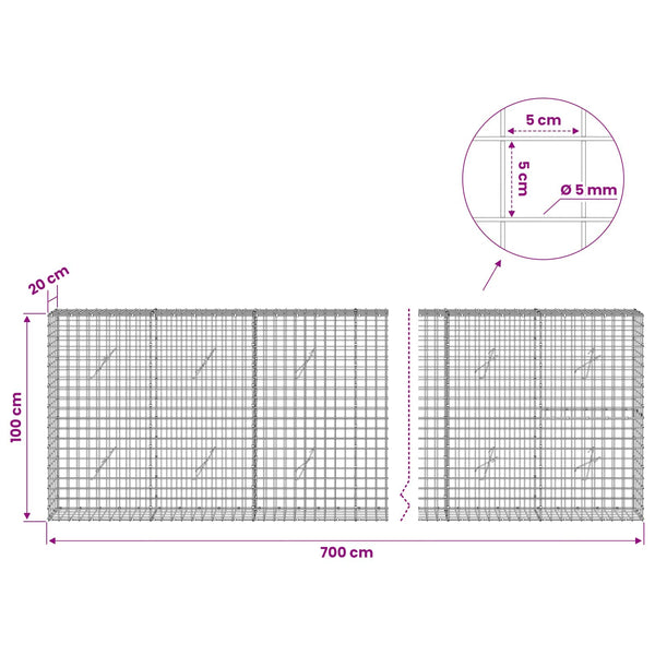 Gabion 5 mm langasta ja 5x5 cm verkosta 700x20x100 cm