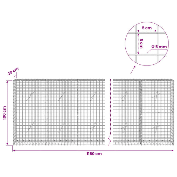 Gabion 5 mm langasta ja 5x5 cm verkosta 1150x20x100 cm