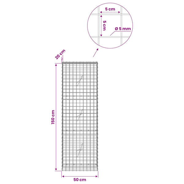 Gabion 5 mm langasta ja 5x5 cm verkosta 50x20x150 cm