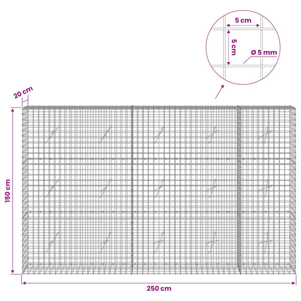Gabion 5 mm langasta ja 5x5 cm verkosta 250x20x150 cm