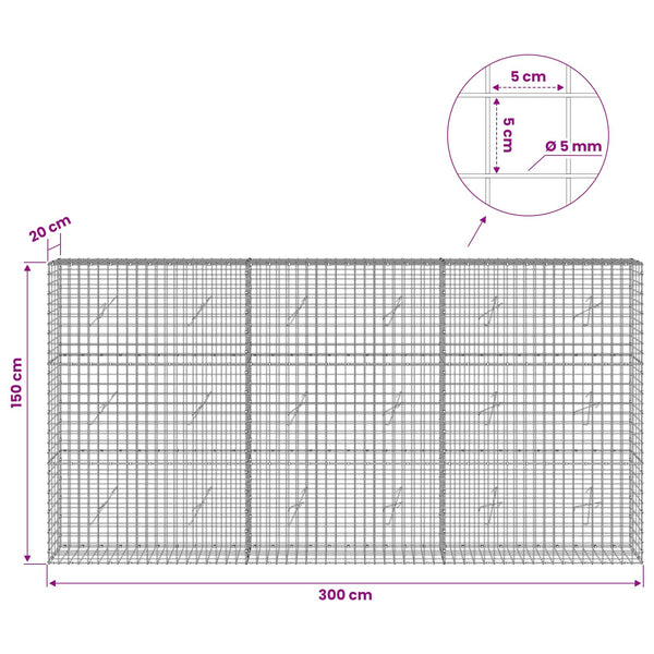 Gabion 5 mm langasta ja 5x5 cm verkosta 300x20x150 cm