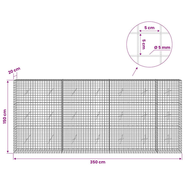 Gabion 5 mm langasta ja 5x5 cm verkosta 350x20x150 cm