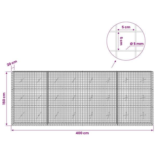 Gabion 5 mm langasta ja 5x5 cm verkosta 400x20x150 cm