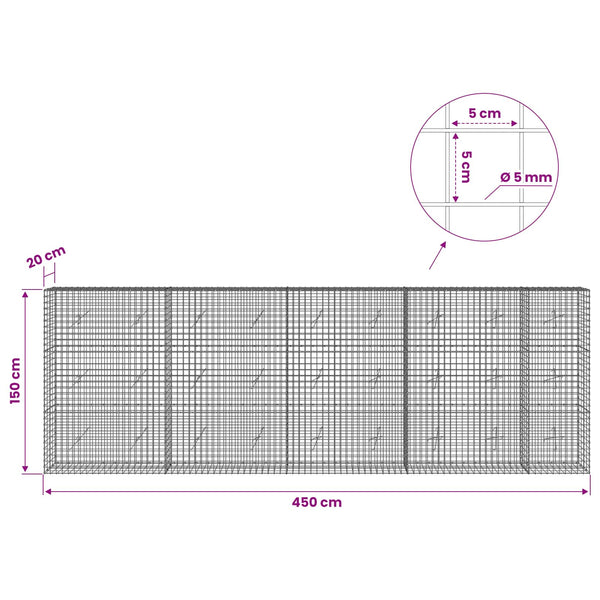 Gabion 5 mm langasta ja 5x5 cm verkosta 450x20x150 cm