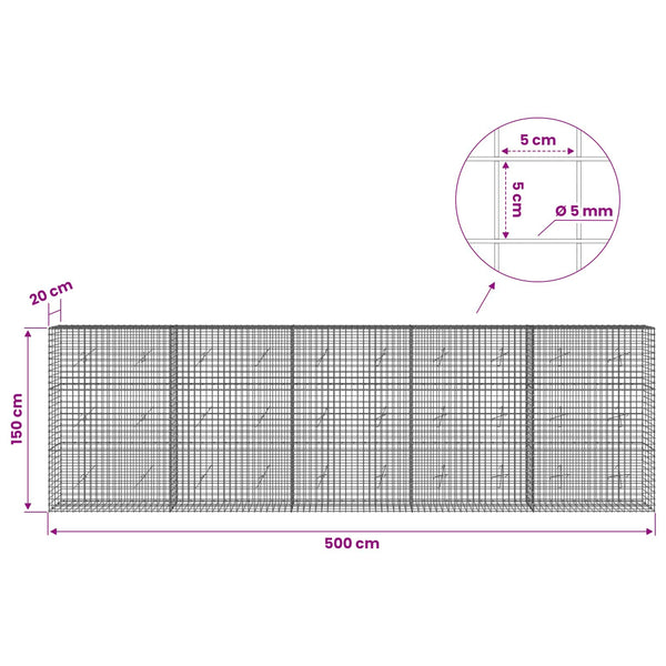 Gabion 5 mm langasta ja 5x5 cm verkosta 500x20x150 cm