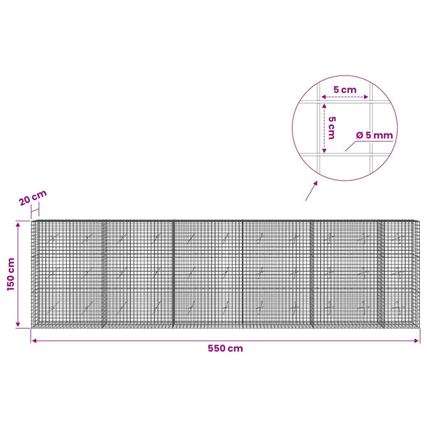 Gabion 5 mm langasta ja 5x5 cm verkosta 550x20x150 cm