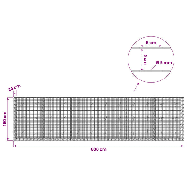 Gabion 5 mm langasta ja 5x5 cm verkosta 600x20x150 cm