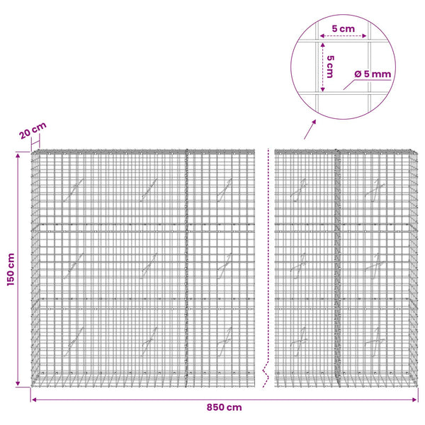 Gabion 5 mm langasta ja 5x5 cm verkosta 850x20x150 cm