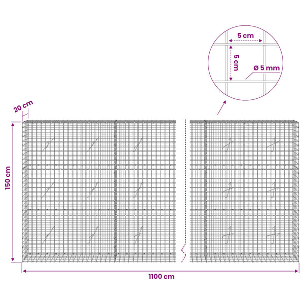 Gabion 5 mm langasta ja 5x5 cm verkosta 1100x20x150 cm