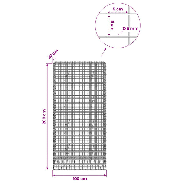 Gabion 5 mm langasta ja 5x5 cm verkosta 100x20x200 cm