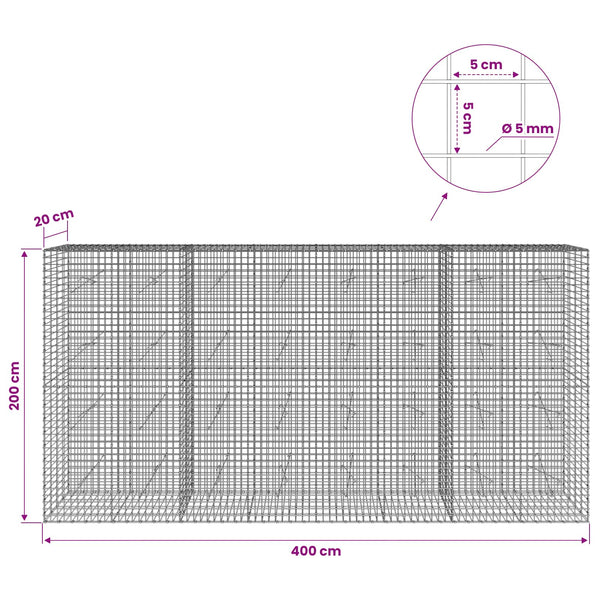 Gabion 5 mm langasta ja 5x5 cm verkosta 400x20x200 cm