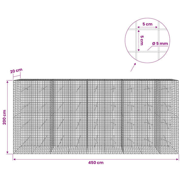 Gabion 5 mm langasta ja 5x5 cm verkosta 450x20x200 cm