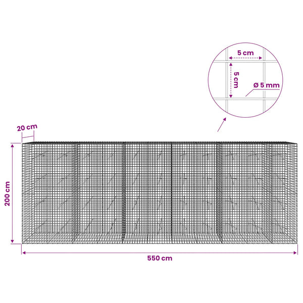 Gabion 5 mm langasta ja 5x5 cm verkosta 550x20x200 cm