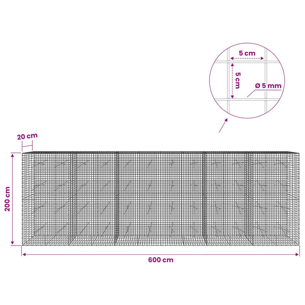 Gabion 5 mm langasta ja 5x5 cm verkosta 600x20x200 cm