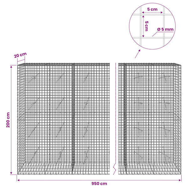 Gabion 5 mm langasta ja 5x5 cm verkosta 950x20x200 cm