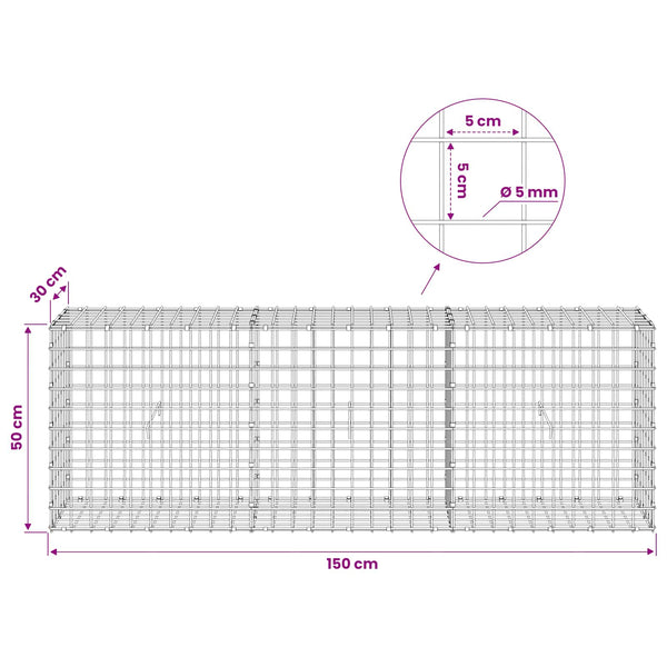 Gabion 5 mm langasta ja 5x5 cm verkosta 150x30x50 cm