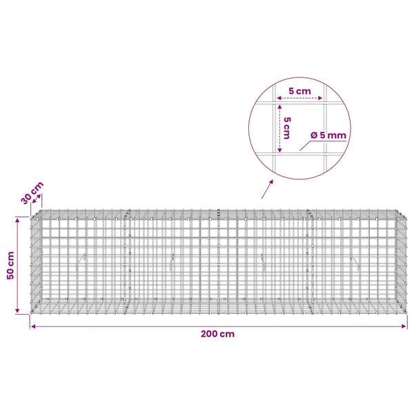 Gabion 5 mm langasta ja 5x5 cm verkosta 200x30x50 cm