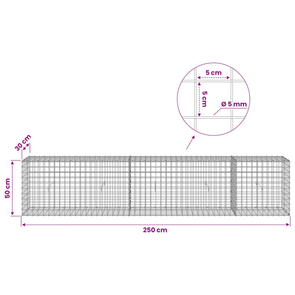 Gabion 5 mm langasta ja 5x5 cm verkosta 250x30x50 cm