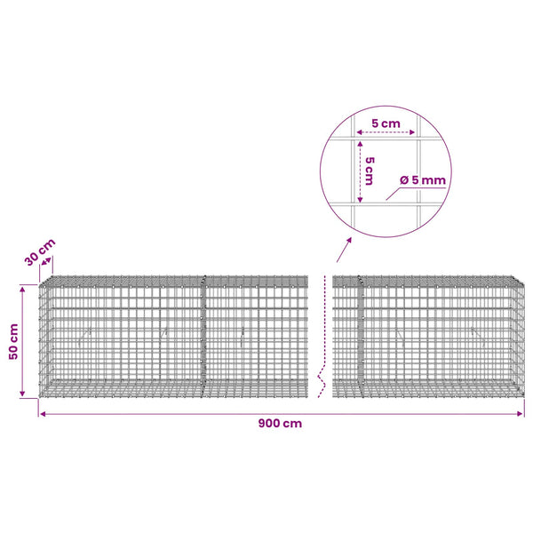 Gabion 5 mm langasta ja 5x5 cm verkosta 900x30x50 cm