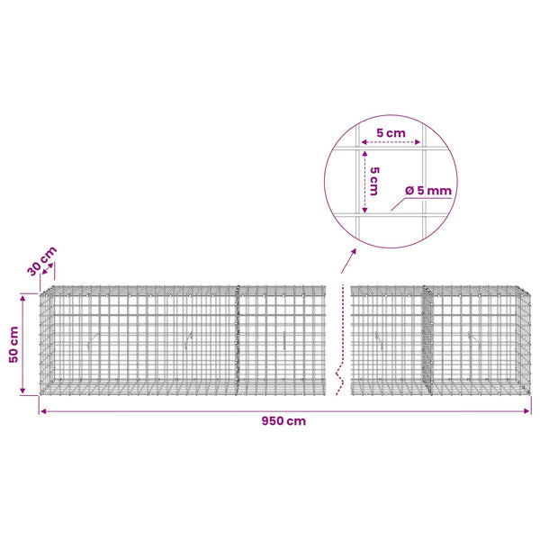 Gabion 5 mm langasta ja 5x5 cm verkosta 950x30x50 cm