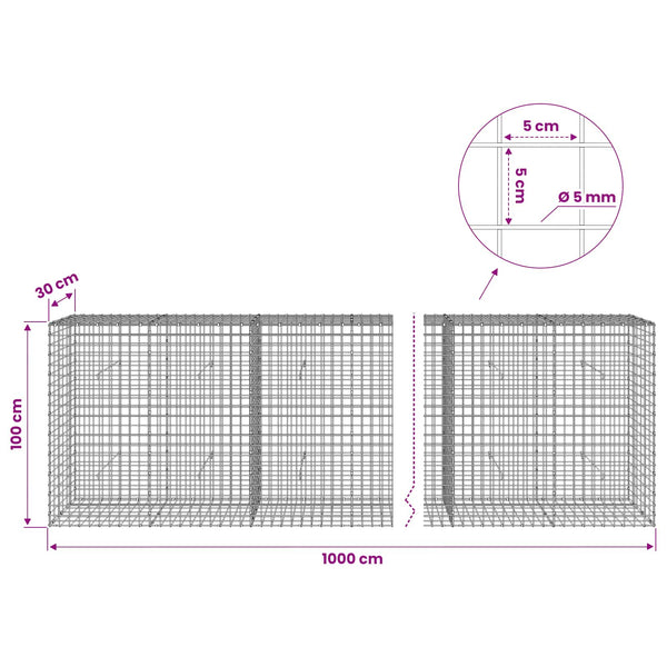 Gabion 5 mm langasta ja 5x5 cm verkosta 1000x30x100 cm