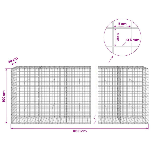 Gabion 5 mm langasta ja 5x5 cm verkosta 1050x30x100 cm
