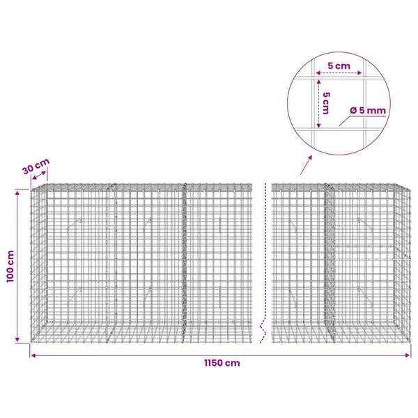 Gabion 5 mm langasta ja 5x5 cm verkosta 1150x30x100 cm