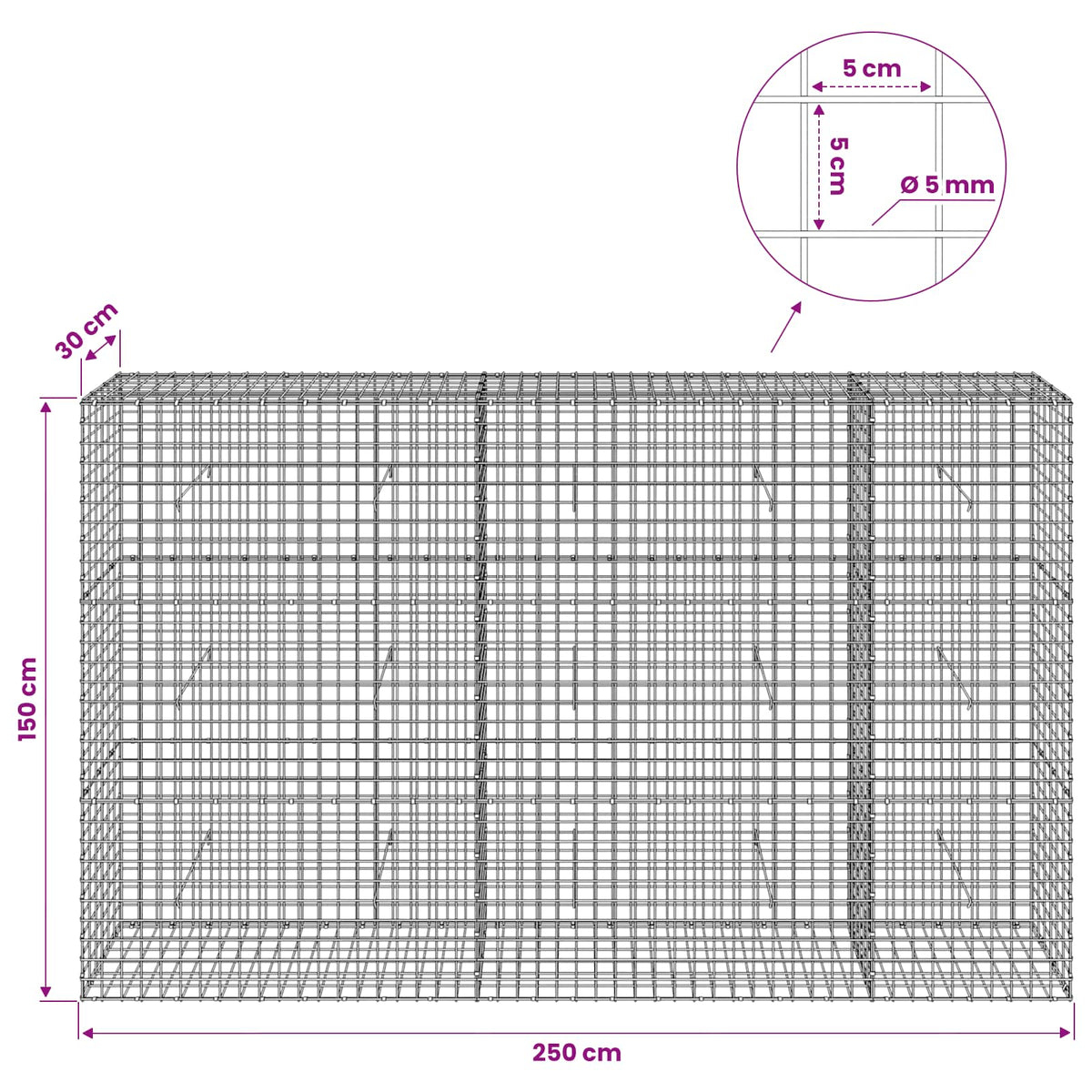 Gabion 5 mm langasta ja 5x5 cm verkosta 250x30x150 cm