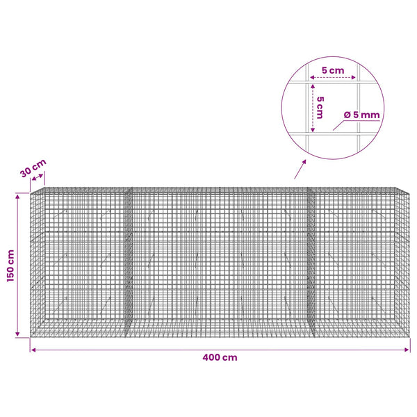 Gabion 5 mm langasta ja 5x5 cm verkosta 400x30x150 cm