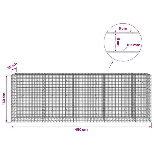 Gabion 5 mm langasta ja 5x5 cm verkosta 450x30x150 cm