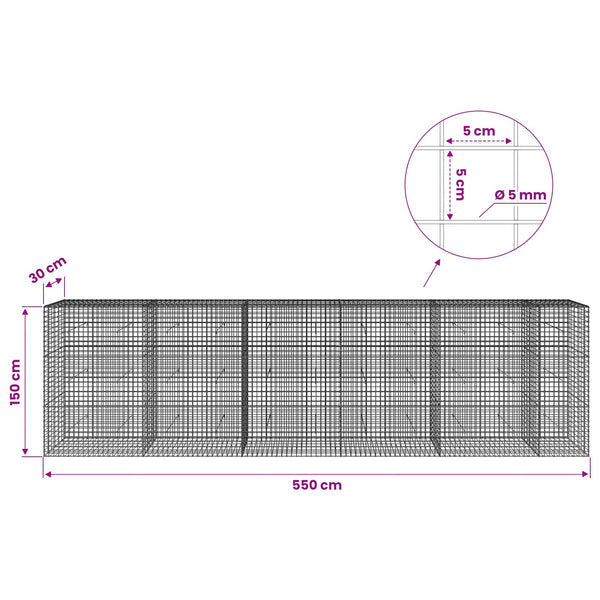 Gabion 5 mm langasta ja 5x5 cm verkosta 550x30x150 cm