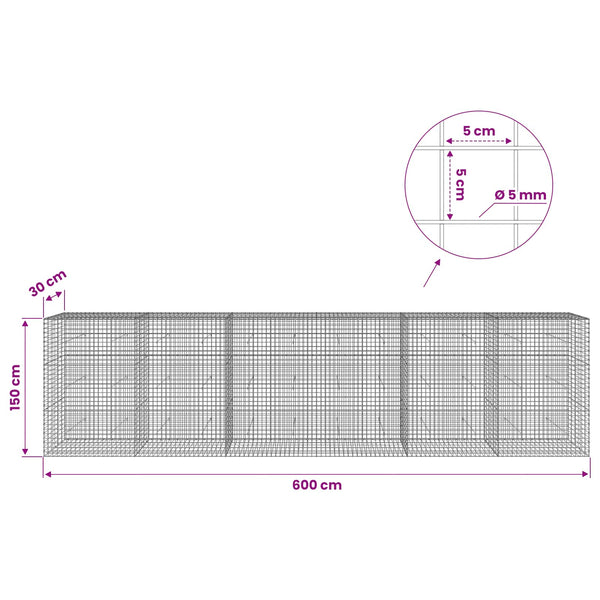 Gabion 5 mm langasta ja 5x5 cm verkosta 600x30x150 cm
