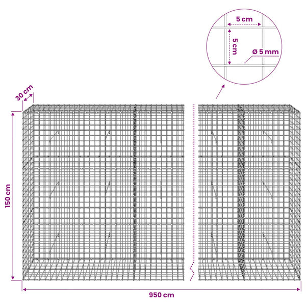 Gabion 5 mm langasta ja 5x5 cm verkosta 950x30x150 cm