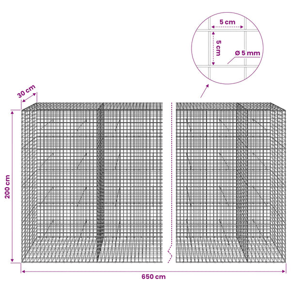 Gabion 5 mm langasta ja 5x5 cm verkosta 650x30x200 cm